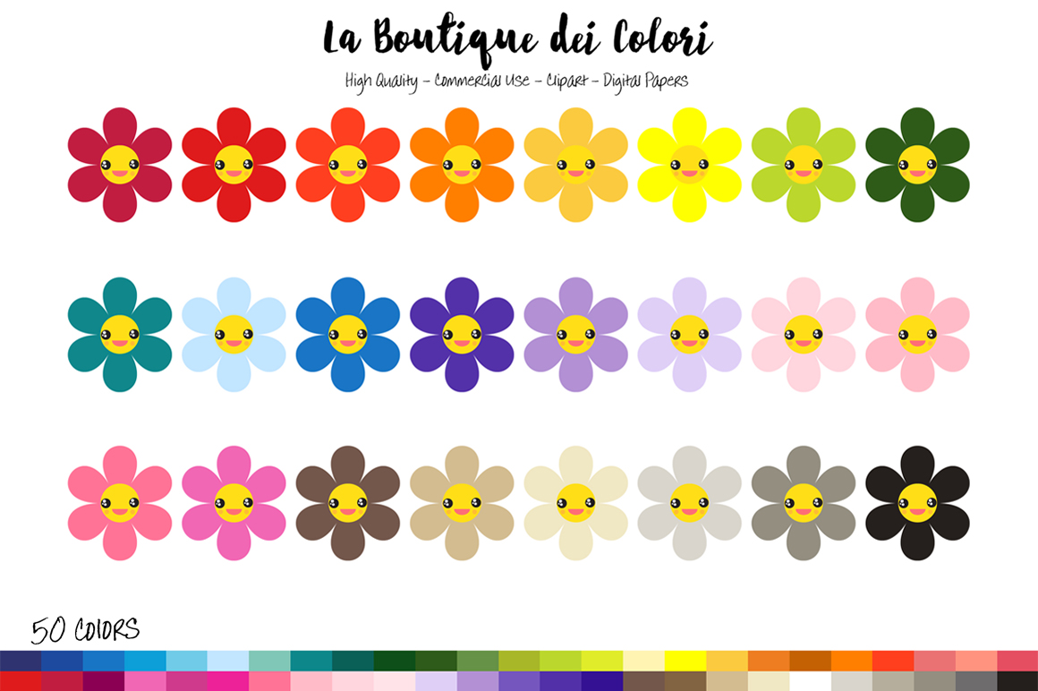 50 Rainbow Kawaii Flowers Clip Art by La Boutique Dei Colori 