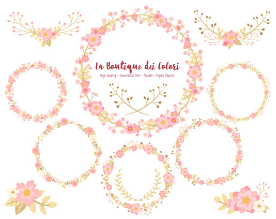 Pink and Gold Flower Wreath Clipart, Cute Graphics PNG, Laurel 