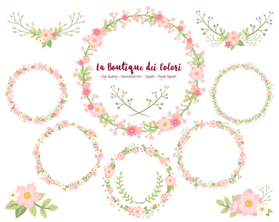 Pink Flower Wreath Clipart, Cute Scrapbook PNG, Laurel Wedding 