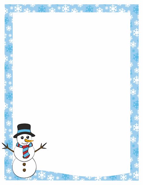 A page border featuring a snowman and a snowflake border. Free 