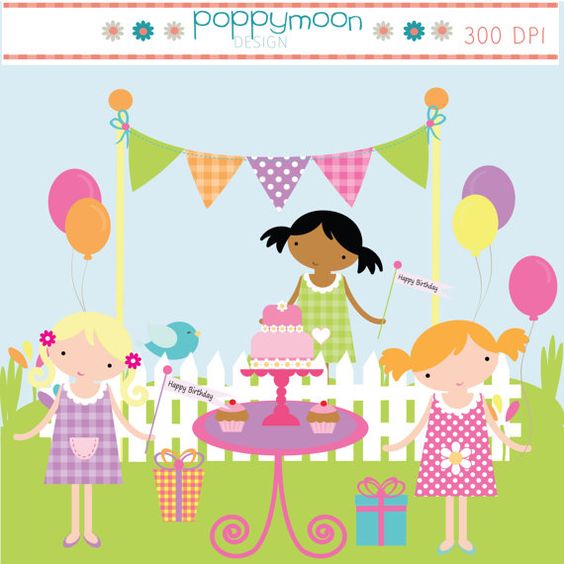 Birthday garden party rainbow gifts cake and balloons digital 