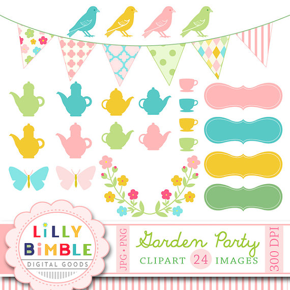 50% off sale Garden Party clipart for cards, Birds, Teaparty 