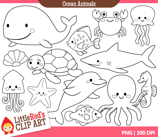 Small ocean animal clipart black and white 