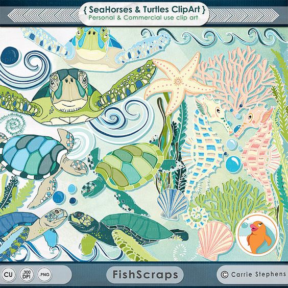 SeaHorse  Sea Turtles ClipArt, Coastal Ocean Animal Clip Art 