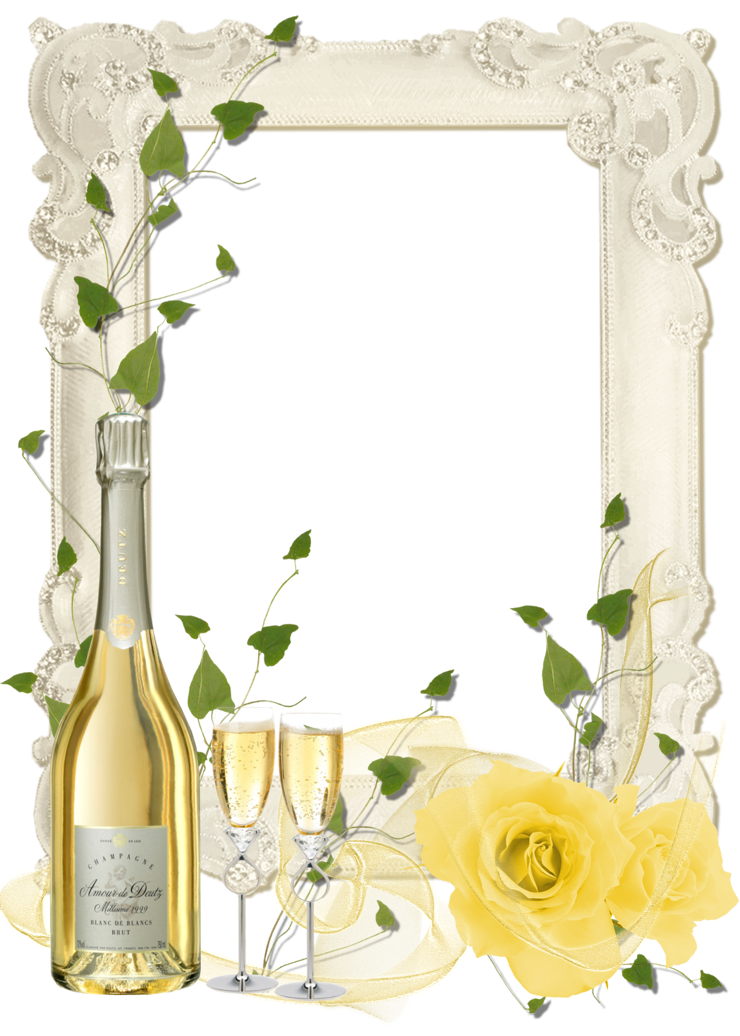Delicate Transparent PNG Frame with Yellow Roses and Champagne 