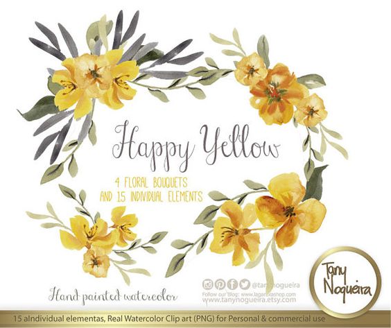 Happy Yellow Watercolor Floral Wedding Elements, Clipart, PNG 