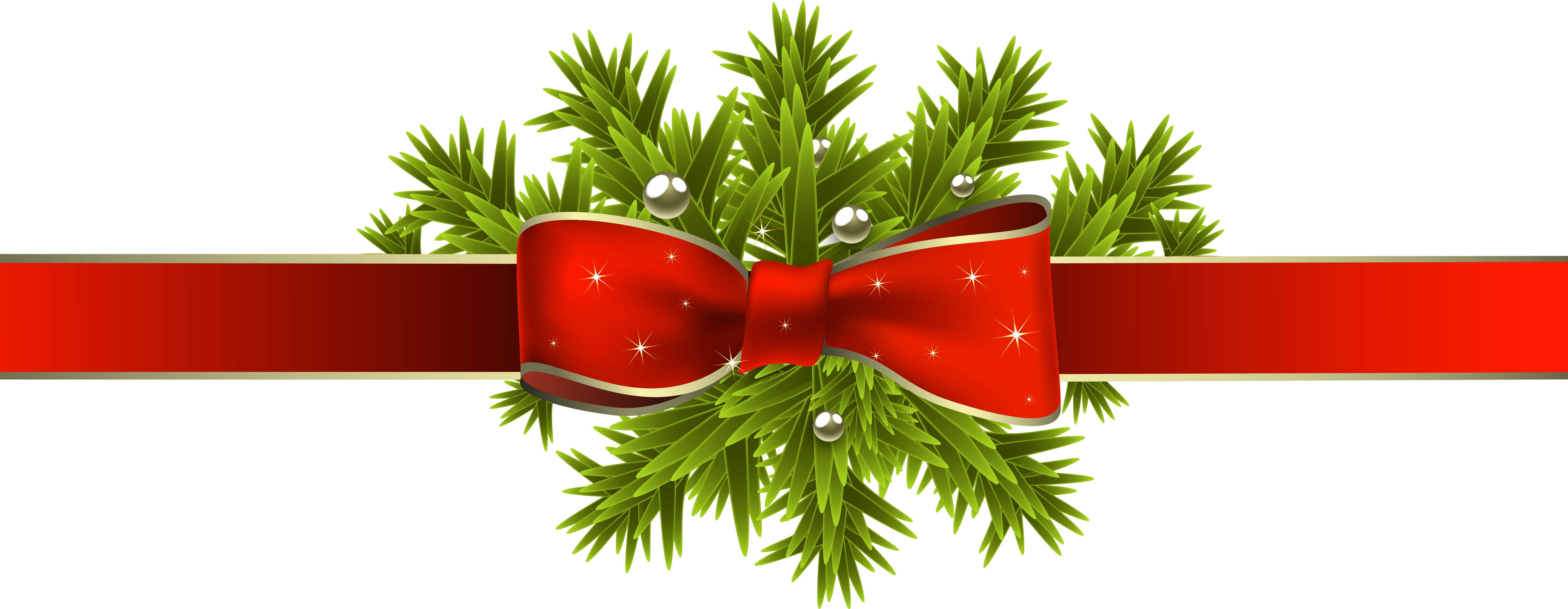 Red Christmas Ribbon with Pine Branches PNG Clipart Image 