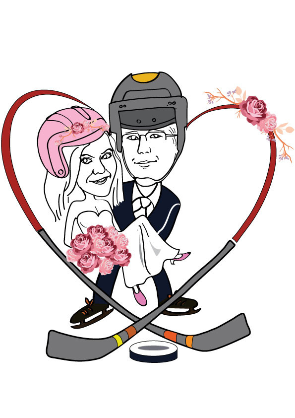 illustrate hockey player in wedding dress with hockey stick 