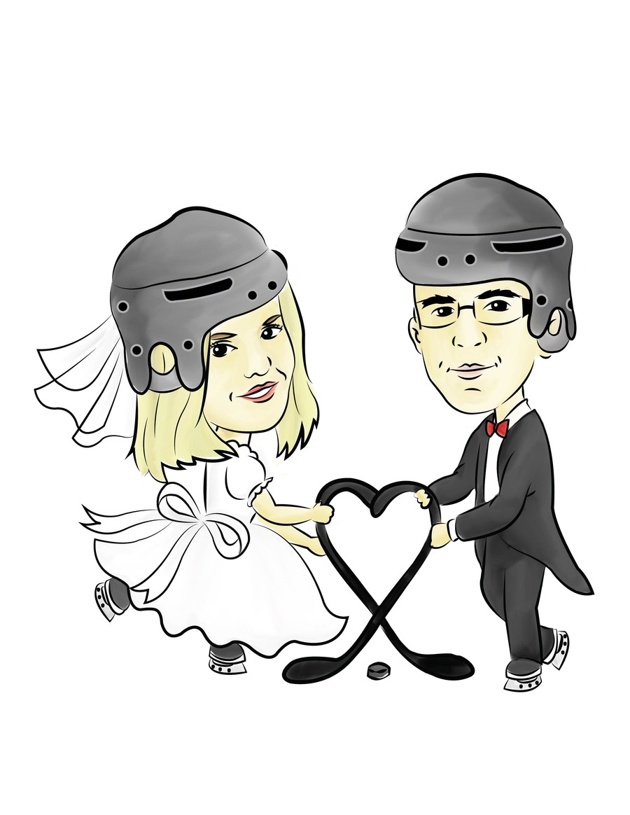 illustrate hockey player in wedding dress with hockey stick 