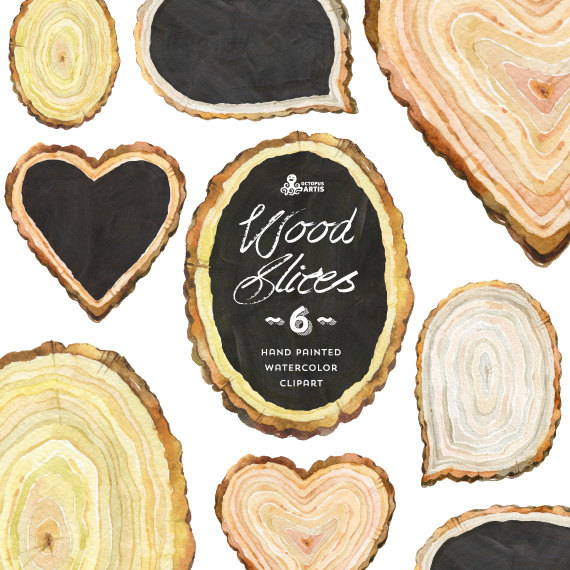 Wood Slices Watercolor Clipart 6 chalkboard by OctopusArtis 