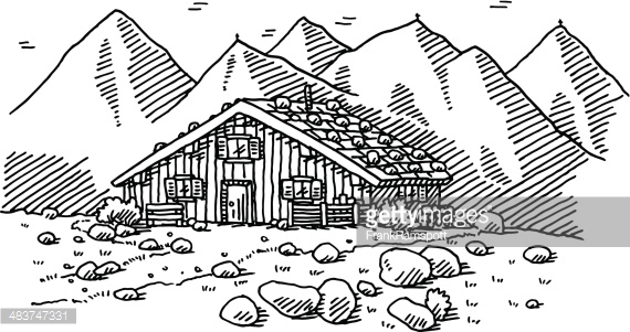 Mountain Hut Landscape Drawing Vector Art 