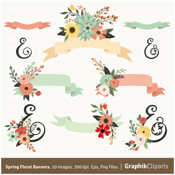Spring Floral Banners Clip Art. Flowers Ribbons by Graphikcliparts 