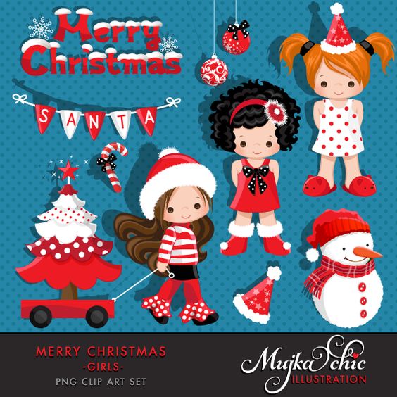 Merry Christmas Girls Clipart Instant Download Christmas Graphics 