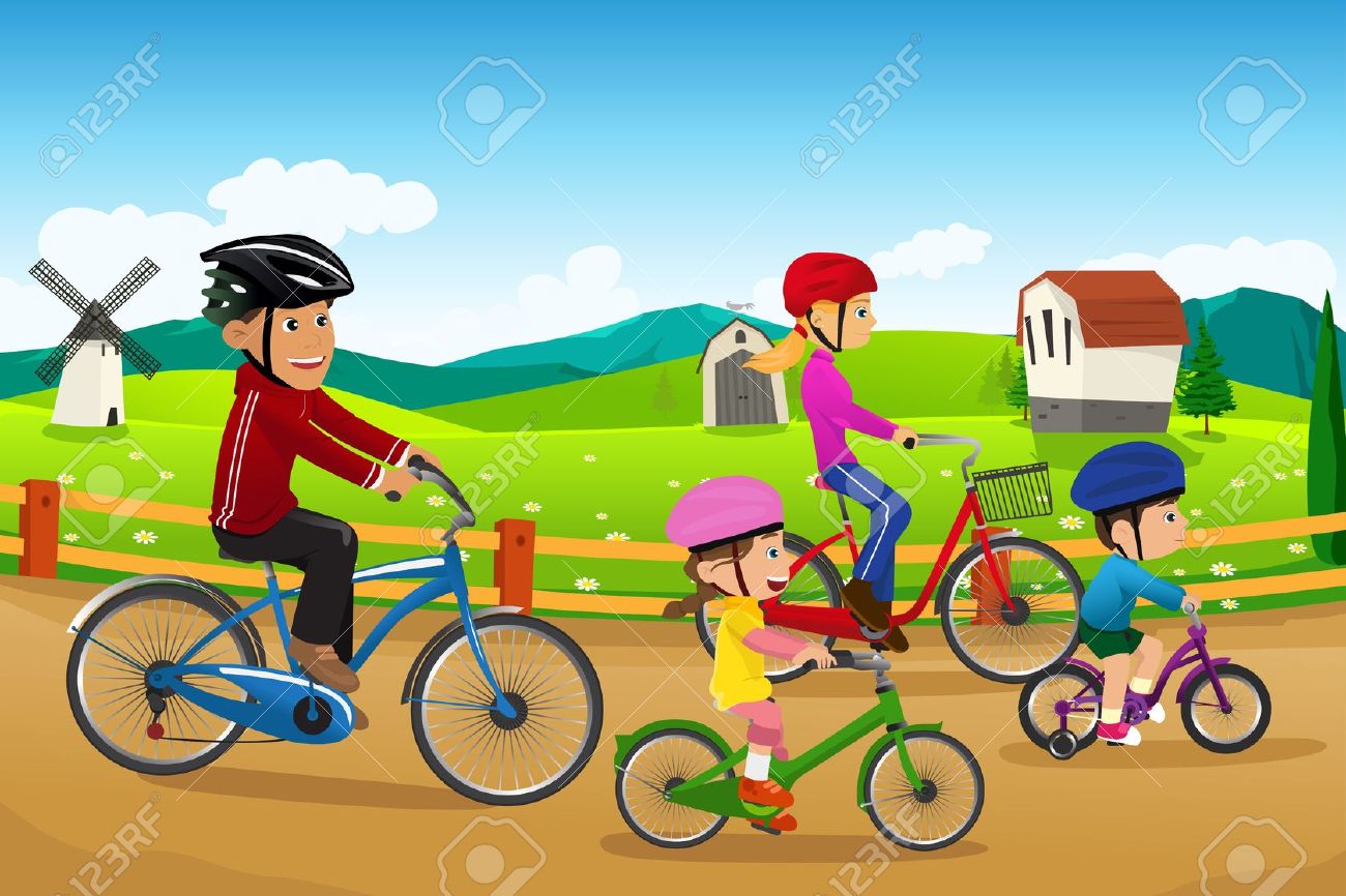 Family riding bikes clipart 