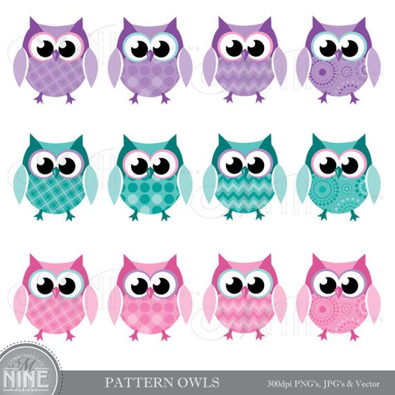PATTERN OWLS Clip Art Digital Clipart, Instant Download, Pink 