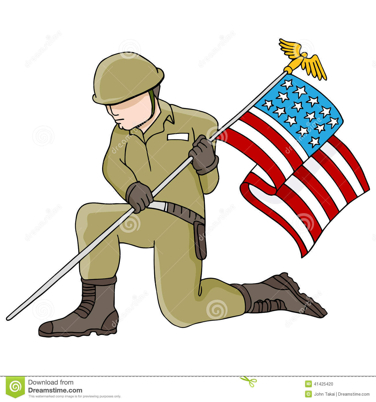 Soldier with American flag stock illustration