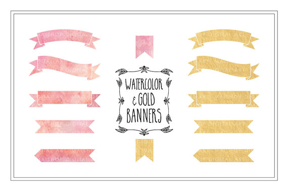 Banner Clip Art Watercolor  Gold Foil PNG by MaishopDigitalArt 