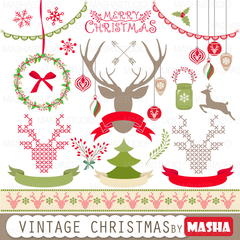 Christmas clipart: VINTAGE CHRISTMAS with reindeer by MashaStudio 