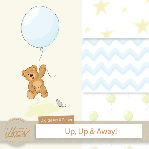 Teddy Bear Holding Balloon Clipart  Digital Paper Pack 