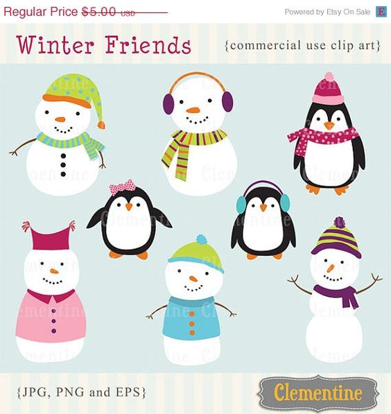 Snowman clip art image, penguin clip art, winter clip art 