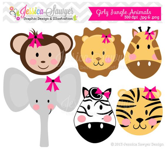 INSTANT DOWNLOAD, girls jungle animal clipart, girly jungle clip 