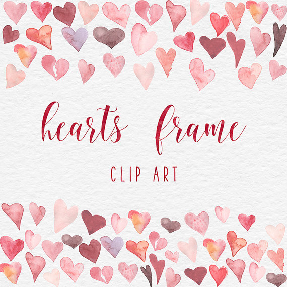Watercolor Hearts Frame Clipart, Valentine Hearts Clip Art 