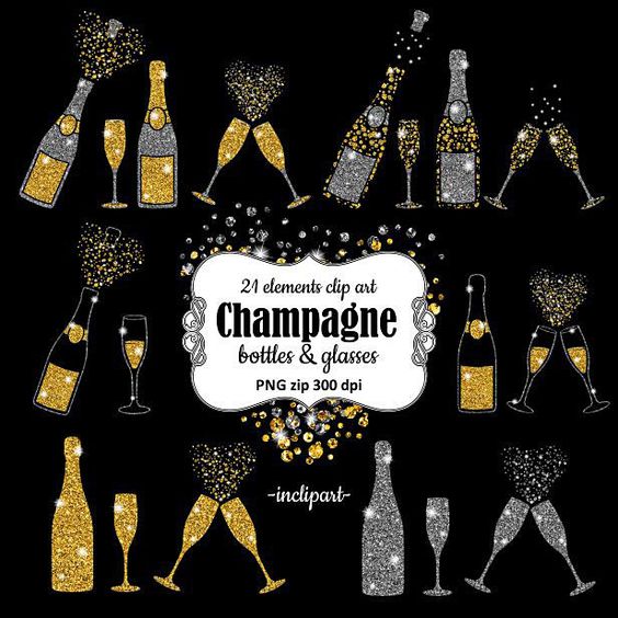 Champagne Clipart. Bottles  glasses glitter overlay clip art 