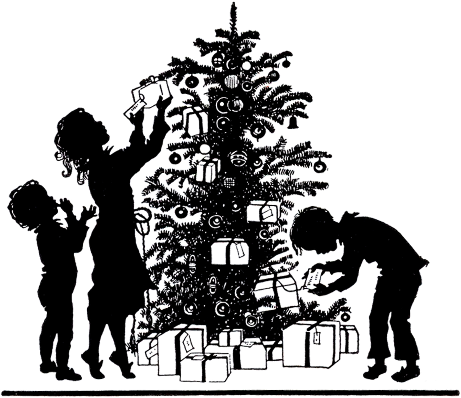 Vintage woman and christmas tree clipart silhouette 