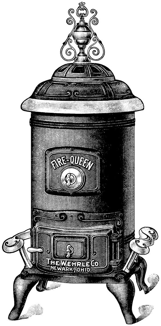 Fire Queen stove, antique stove ad, black and white clip art 