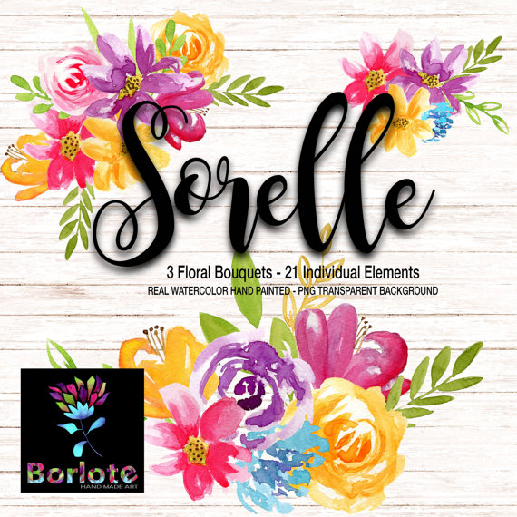 Sorelle Watercolor Flowers Clipart PNG hand made DIY by Borlote 