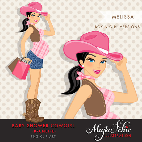 Brunette Cowgirl Pregnant Woman Character carrying gift bags 