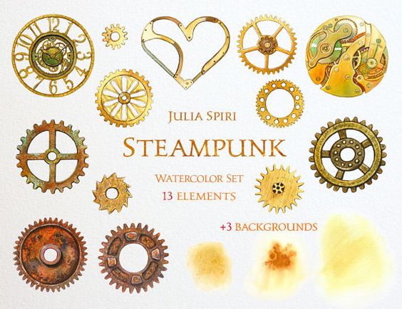 Watercolor Steampunk Clipart Rust Iron Metal by JuliaSpiri 
