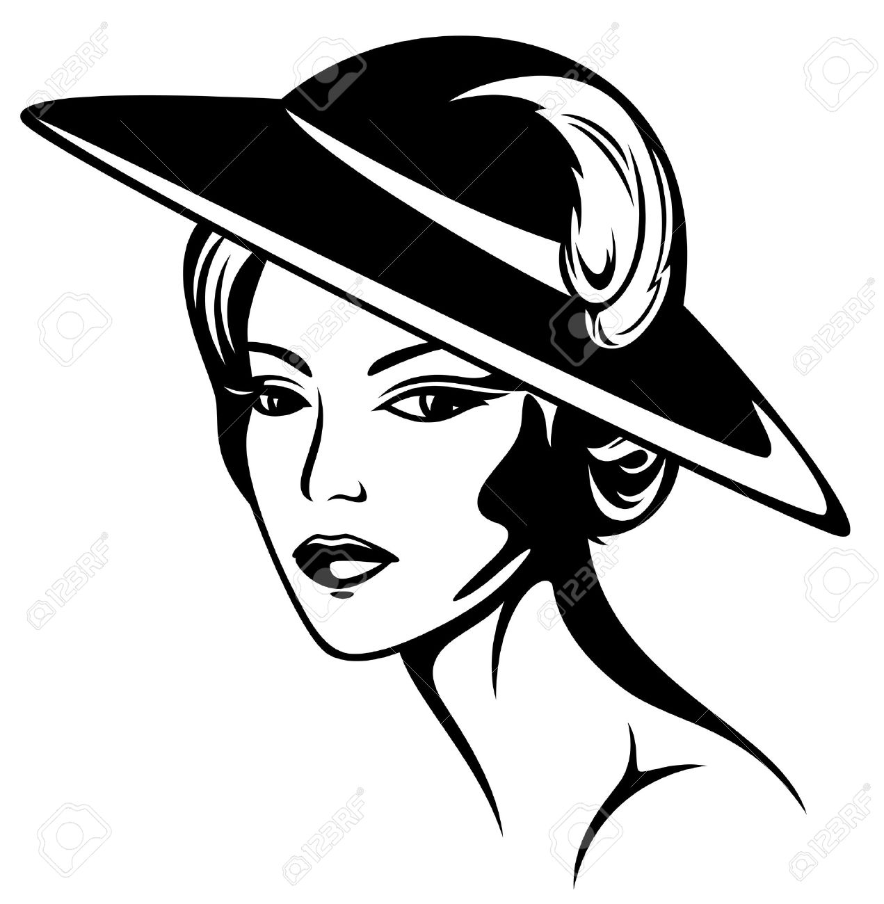 Clipart of girl in hats and scarf black white 