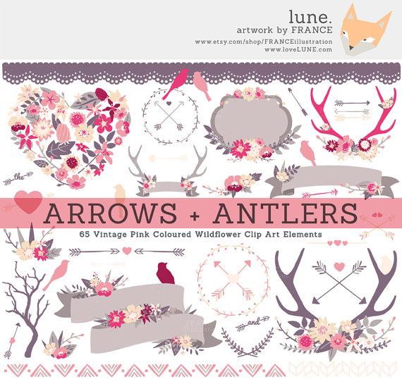 Vintage Pink Wildflower Clipart Antlers, Arrows, Branches, Birds 