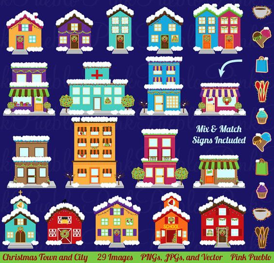 Winter and Christmas Village Clipart Clip Art, Printable House 