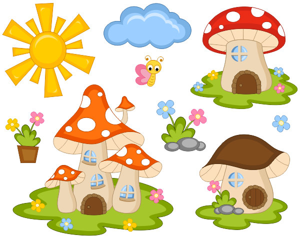 Cute Fairy Tail Mushroom Houses Clip Art Sun Cloud by YarkoDesign 