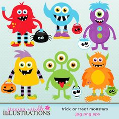 Fun MONSTERS Clipart Illustrations, INSTANT DOWNLOAD Clip Art 