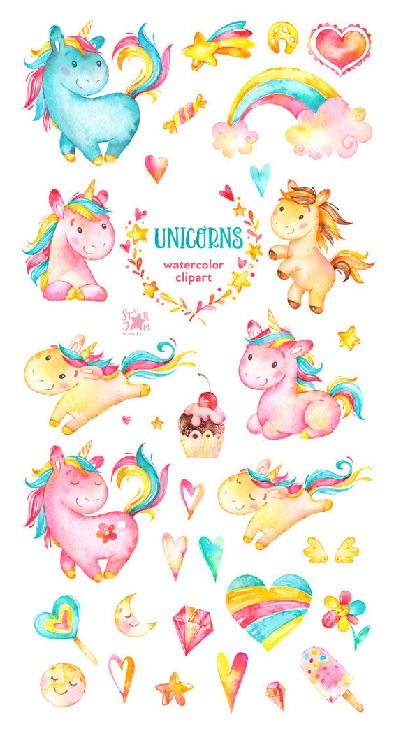 Unicorns. Watercolor clip art, rainbow, hearts, flowers, stars 