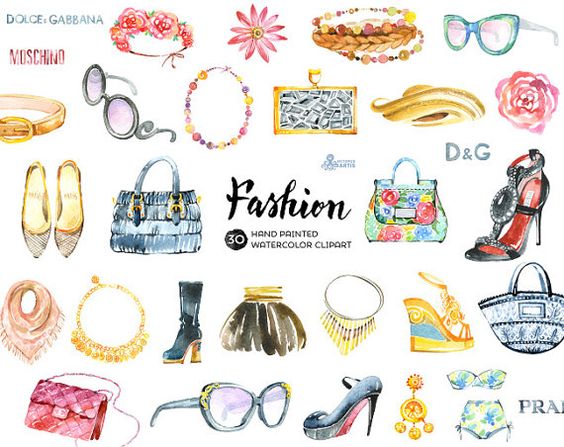 Fashion Watercolor Clipart. 30 Hand painted elements: shoes, bags 