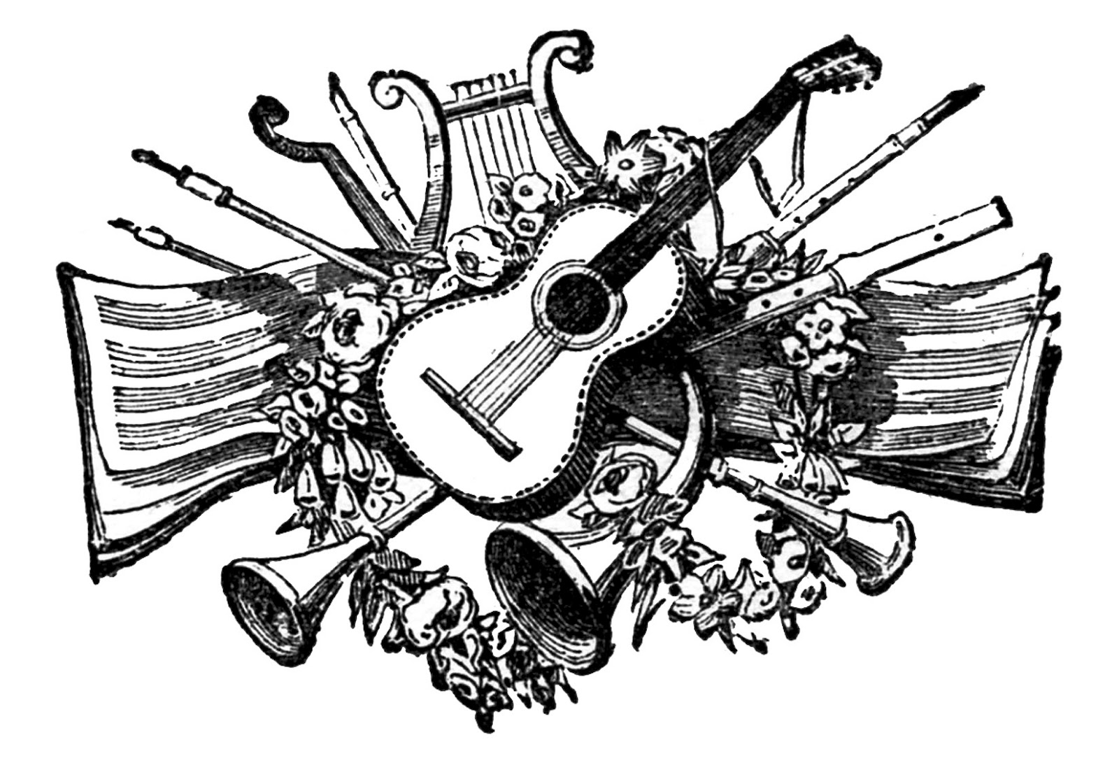 Musical Instruments Black And White Christmas Clipart 
