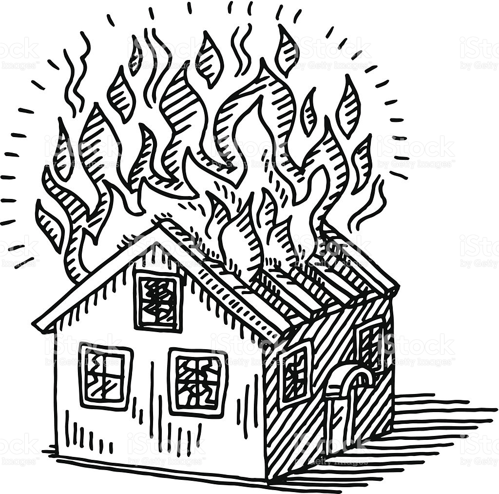 House on fire clipart black and white 
