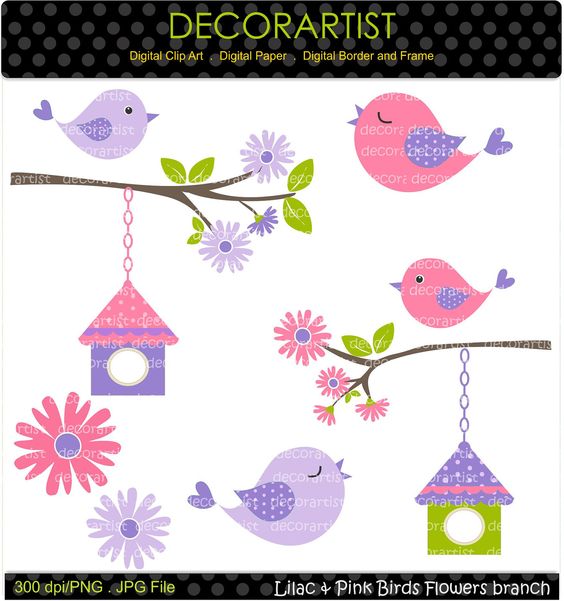 INSTANT DOWNLOAD Digital clip art birdcage, Lilac bird and pink 