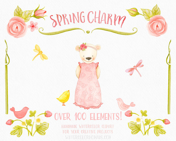 Flower clipart Spring clipart teddy bear by WatercolorNomads 