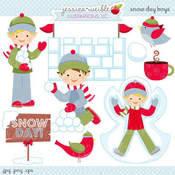Snow Day Boys Cute Digital Clipart Commercial by JWIllustrations 