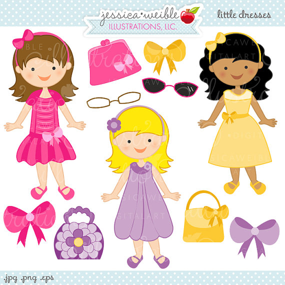 Little Dresses Cute Digital Clipart, Girls in Easter Dresses 
