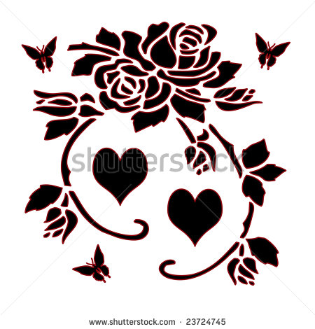 Black Silhouette of Roses, Flowers, Hearts, and Butterflies 