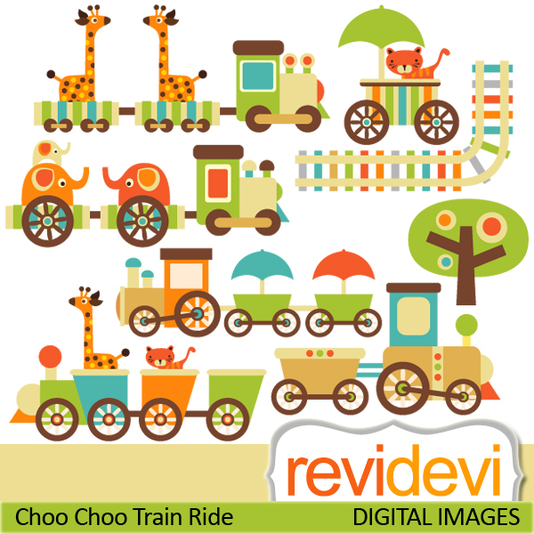 Cute choo choo train cliparts with jungle animals, elephants 