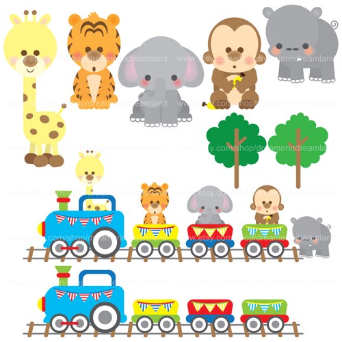 Clipart of boy riding train with animals 