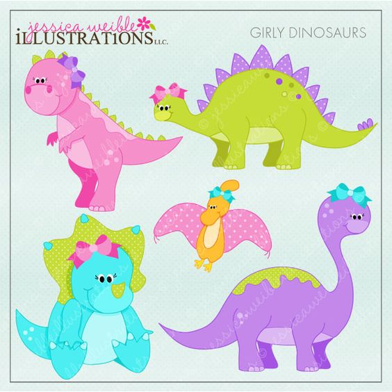 Girly Dinosaurs clipart set comes with 5 cute graphics including 