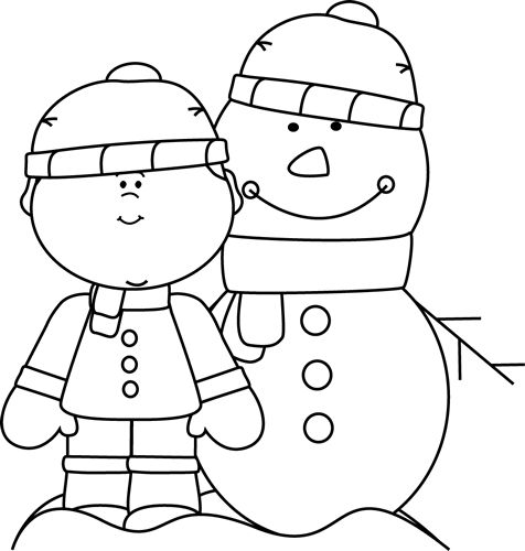 Black and White Boy with Snowman Clip Art 